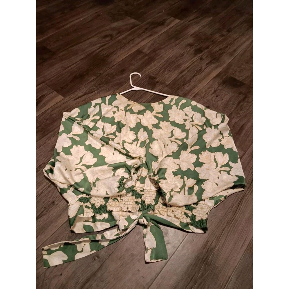 Marc New York Andrew Marc Blouse Green Gold Ruching Waist Tie In Back Sz L
